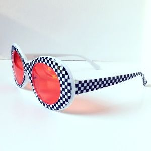 Red Lens Black & White Check Oversized Sunglasses